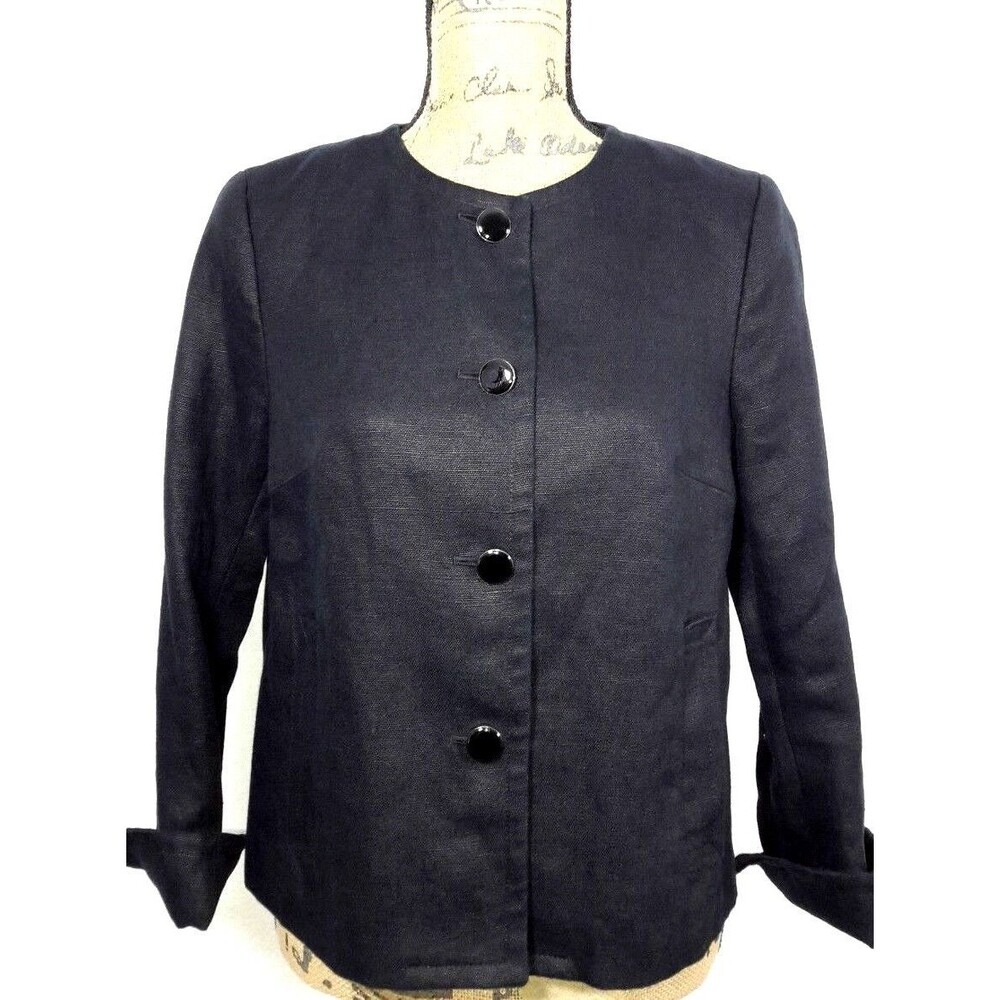 Talbots Jacket 6 Solid Black 100% Linen Pocket Button Woven Business Casual